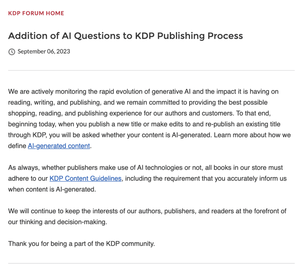 KDP Content Guidelines Screenshot on Machine Generated Content Ai crackdown